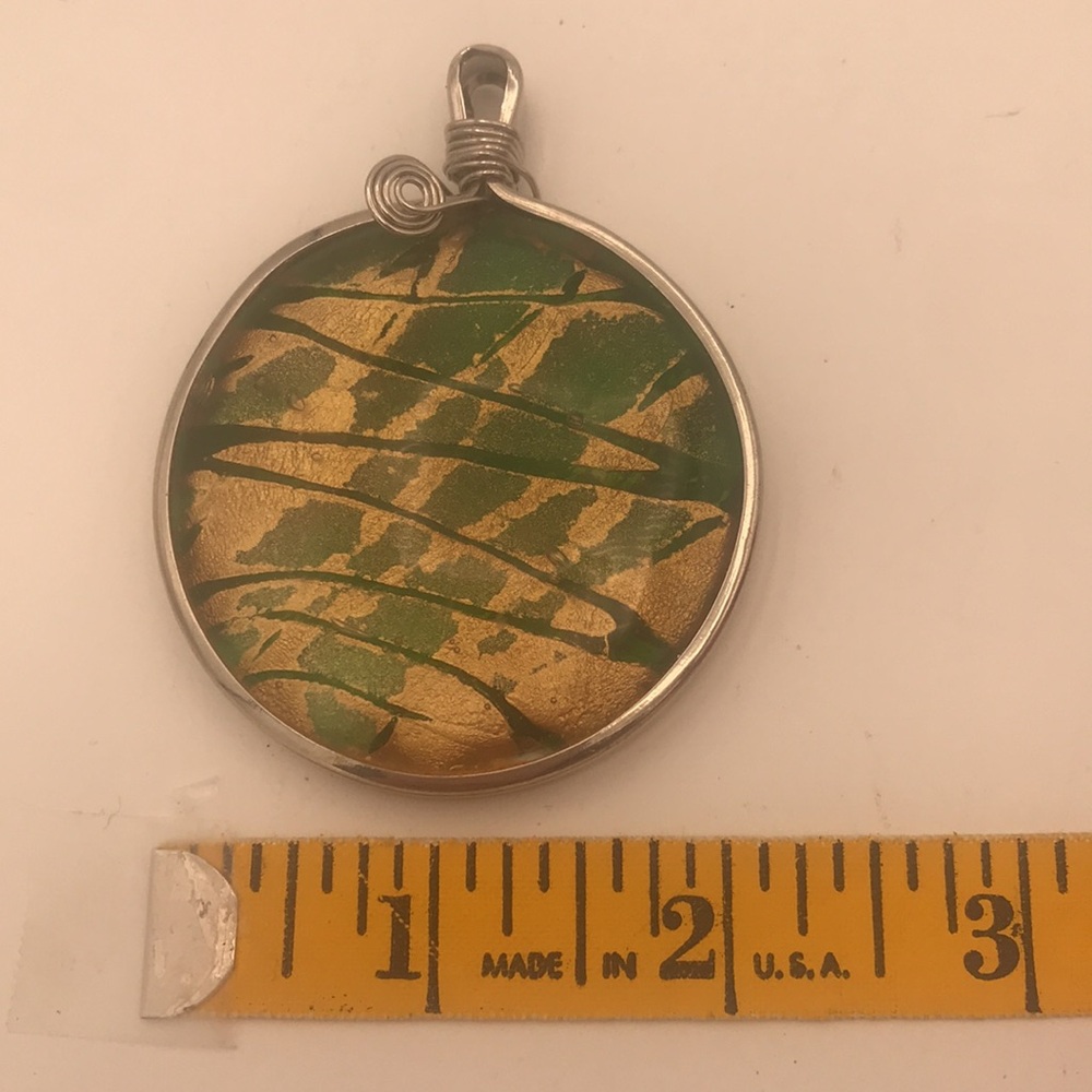 Handmade Large Green & Gold Glass Silver-Wrapped Pendant - Picture 6 of 6